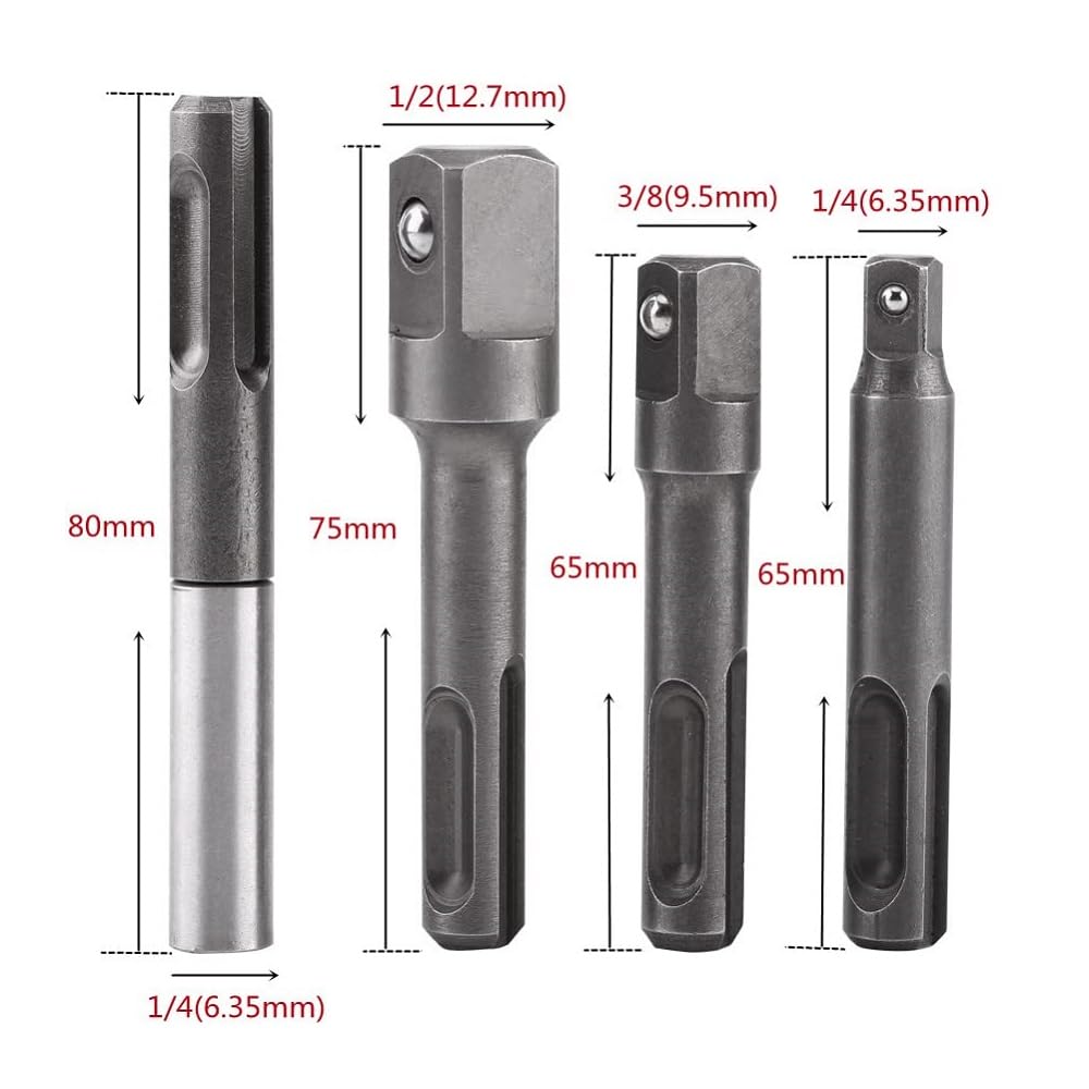 4Pcs Drill Socket Adapter Set SDS Plus Socket Adaptor 1/4" Hex Socket Adaptor 1/4" 3/8" 1/2" Square Socket Extension Drill Bit Adapter — Amazon image 3
