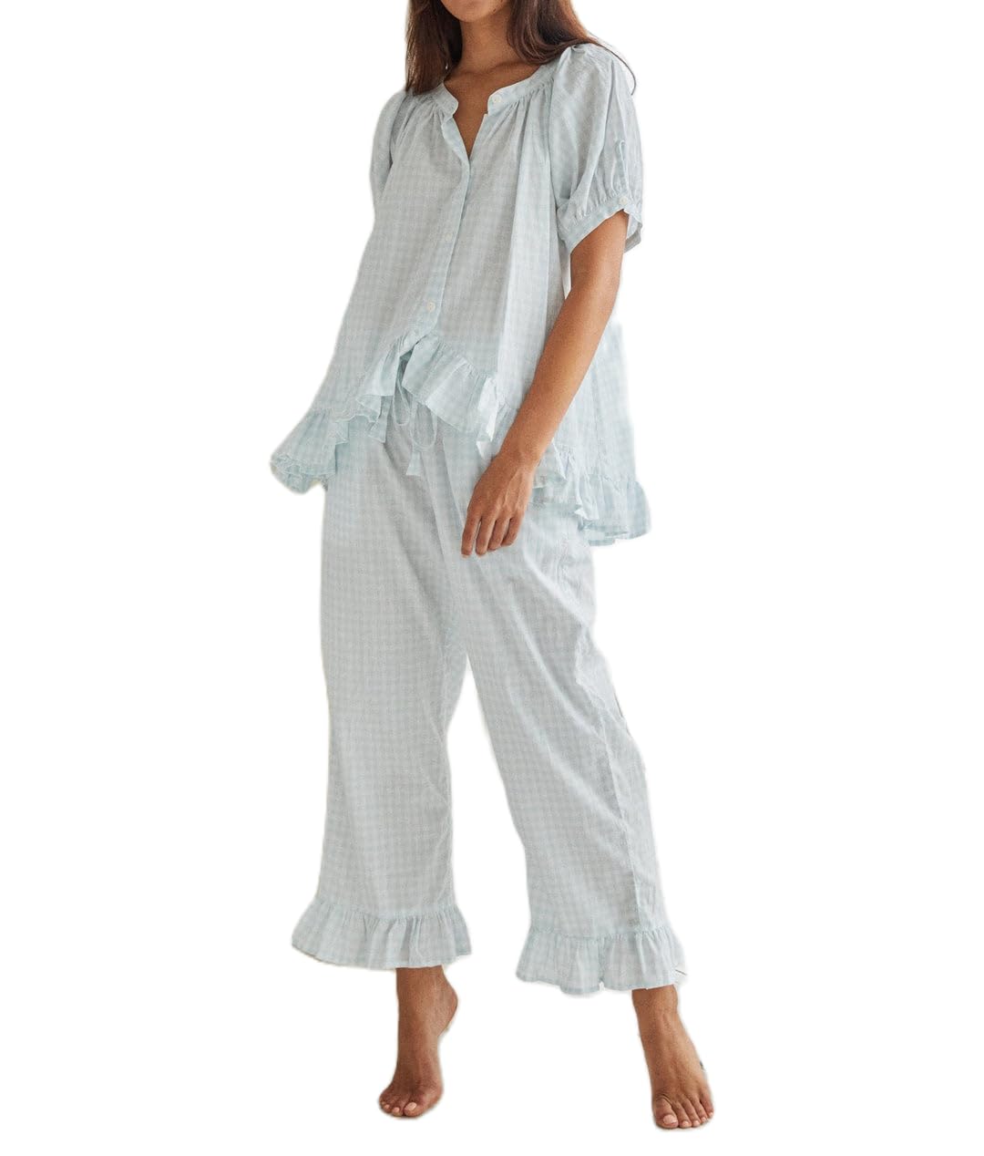 BowanadaclesWomen Plaid Pajamas Set 2 Piece Lounges Outfits Babydoll Shirts Wide Leg Pants Matching Pjs Gingham Sleepwear