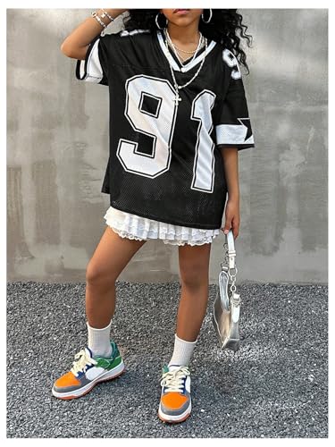 Image of BEAUDRM Girl's Jersey Shirts Leopard Number Print Jersey Shirt Cheetah V Neck Half Sleeve Oversized Tee Tops