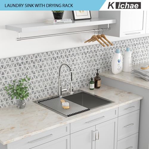 Image of Kichae 25 Laundry Sink with Faucet - 25x22 Drop In Utility Sink 12 inch Deep Topmount Single Bowl Stainless Steel Single Bowl Kitchen Sink Handmade Basin with Pull Down Faucet Combo