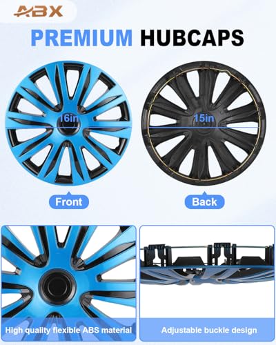 Image of ABX Hubcap Wheel Covers Hub Caps 16 Inch Set of 4 Black & Blue Universal Wheel Rim Cover R16 Stylish Car Decor Wheel Covers