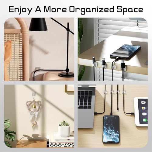 Image of 50 Pcs Clear Adhesive Cable Clips for Desk, Wall | Strong self-adhesive clips organise charging wires, TV cables and cords on desks, walls and car surfaces without drilling