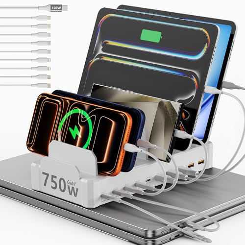 750W Charging Station for Multiple Devices, Zobirez 10-Port Fast Charger, 5 USB-C 120W Each and 5 USB-A 30W Each, Desktop Charging Hub for Laptop Phone Tablet, White