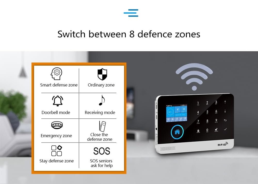 Sistema di allarme domestico wireless intelligente con controllo WiFi, kit di 8 pezzi (rilevatore di movimento, sensore di porte Window, remoto, siren) per casa, appartamento. Lavora con Alexa.