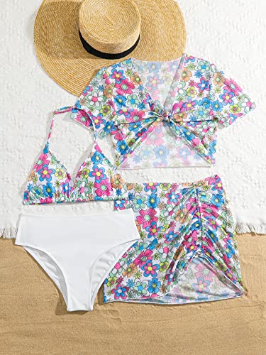 Image of Milumia Girl's 4 Piece Swimsuit Tropical Print Spaghetti Strap Bikini Sets with Coverups Multi Floral 8-9 Years