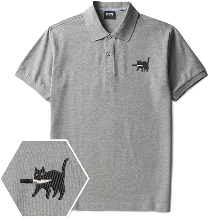 Samurai Cat Polo Shirt for Men,Men's Classic Embroidered Two-Button Closure Polo Shirt