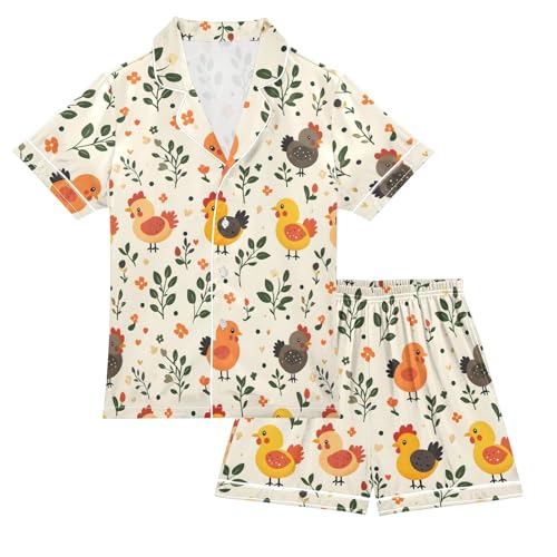 Simple Cute Chicken Pattern Summer Satin Pajama Set, Cute Button-Down Sleepwear Pj Set for Sleep Wears