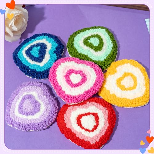 Image of WATINC Heart Punch Needle Coaster Kit - 22Pcs Easy Art Work Decor Craft Supplies Kits for Beginners, DIY Set of 6 Love Pattern Tufted Rug Pads with Adhesive Felt Yarns Embroidery Hoop Instruction Gift