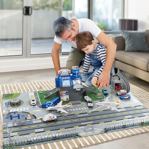 deAO City Flughafen Spielzeug, Inkl. Gebäude des Flughafenterminals, Radarturm, 9 Verkehrsträger: Gepäckwagen, Polizeifahrzeuge, Verkehrsflugzeug, Straßensperre, Bodenpersonal, für Kinder von 3–12