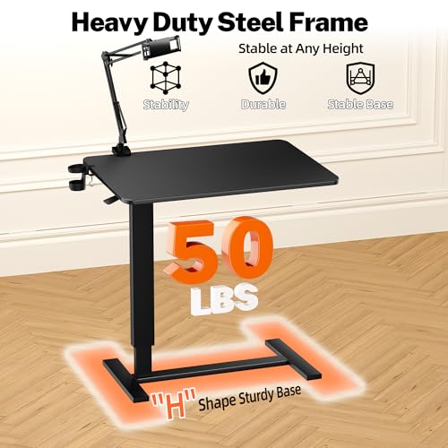 Corubak Adjustable Overbed Bedside Table with Wheels(31.2\" W), Hospital Bed Table Over The Bed, Mobile Standing Desk Rolling Computer Cart, Laptop Desk with Cup Holder, Phone & Tablet Holder