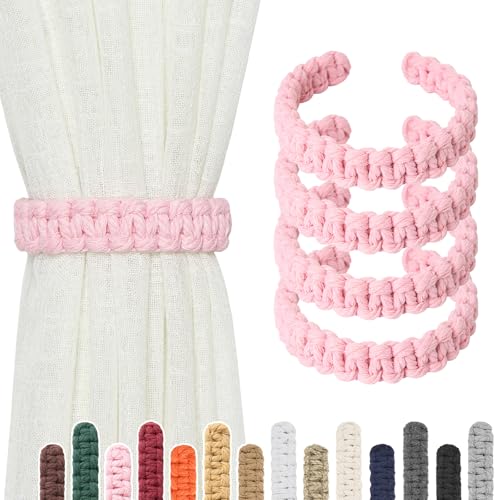 NICEEC 4 Pack Natural Cotton Rope Curtain Tiebacks Farmhouse Rustic Style Decorative Drape Tie Backs Handmade Braided Curtain Holdbacks for Home & Office Sheer/Light Weight Drapery (C-Pink-S)