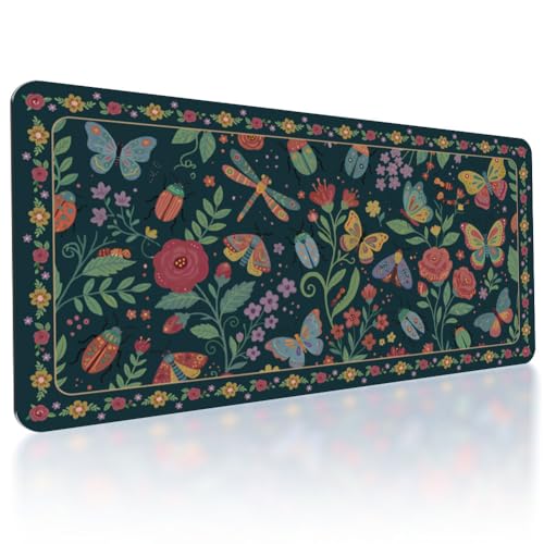 Grand tapis de souris de jeu vintage libellule et papillon vert foncé 80x40cm