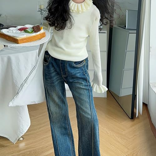 Girls Flare Jeans Cute Elastic High Waisted A-Line Denim Pants Teens Kids Trousers with Pockets3