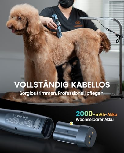 Oneisall Hundeschermaschine profi 1 Akkus, 2-Gang Schermaschine Hund Katze, Hundetrimmer Leise für Dickes, Langes und Lockiges Tierhaare, mit Karbonstahl-Klingenkamm