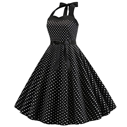 Image of Women Vintage Polka Dot 1950s Rockabilly Halter Audrey Dress Retro Floral Evening Cocktail Swing Dress