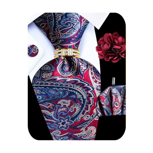 Image of 5PCS Mens Premium Silk Tie, Pocket Square, Cufflinks, Drilled Tie Ring and Lapel Pin Set for Wedding Groom Party