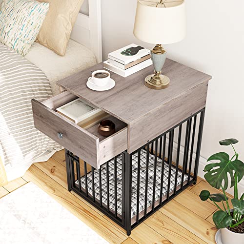 HOOBRO Dog Crate Furniture, Wooden Dog House, Decorative Dog Kennel with Drawer, Indoor Pet Crate End Table for Small Dog, Steel-Tube Puppy Cage, Chew-Proof, Greige BG01GW03 - Image 3