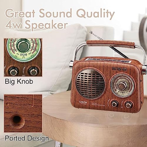 G Keni Tragbares Radio Retro, AM FM Shortable Radios mit bestem Empfang, kleines Vintage-Radios mit Bluetooth-Lautsprecher, wiederaufladbar/Solar/Batterie