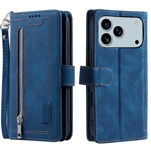 Étui portefeuille iPhone 17 Pro bleu pour ranger cartes et monnaie en sécurité