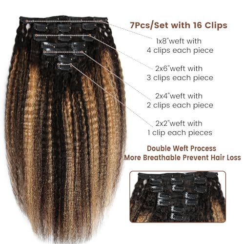Kinky Straight Clip-in Hair Extensions - 100% Real Human Hair, 7Pcs, 100g Seamless, TP1B/27, 12 Inch for Black Women - Image 4