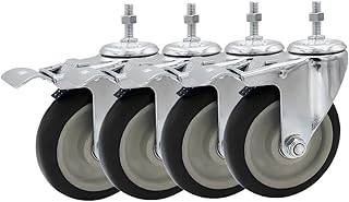 FactorDuty 5 Inch Heavy Duty Black Caster Wheel with Brake Dual Locking 3/8"-1.2" Threaded Stem Mount Caster Wheel Polyurethane Wheels Premium Non Marking No Noise 350LB Per Wheel (Pack of 4)
