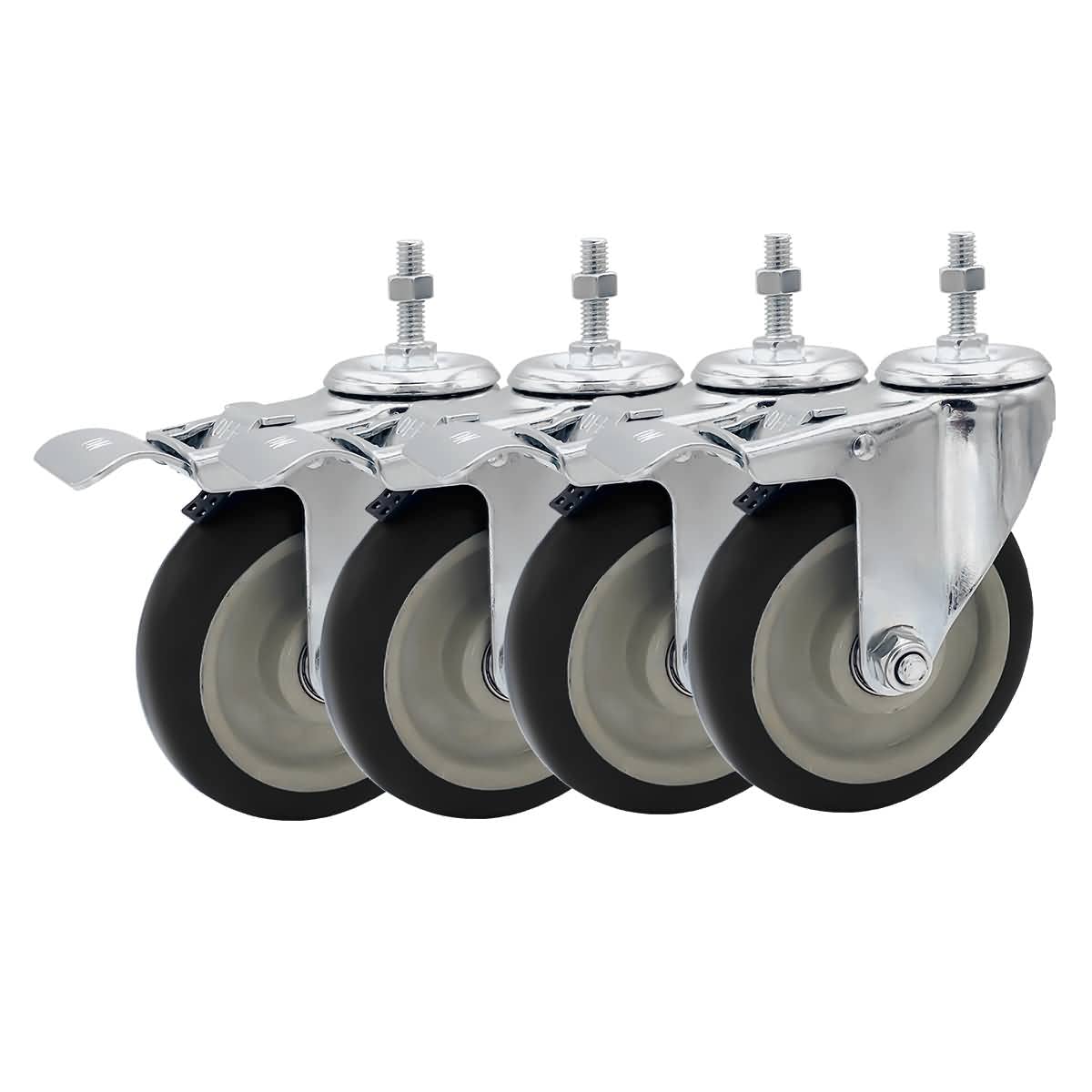 FactorDuty 5 Inch Heavy Duty Black Caster Wheel with Brake Dual Locking 3/8"-1.2" Threaded Stem Mount Caster Wheel Polyurethane Wheels Premium Non Marking No Noise 350LB Per Wheel (Pack of 4)
