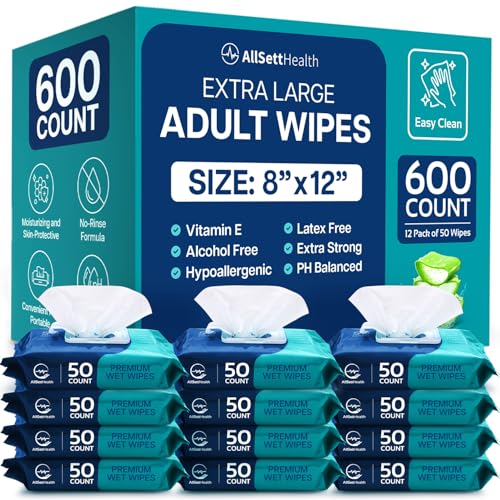 Body Wipes for Adults - XL Wet Wipes 8' x 12' (600 count) | Rinse Free Bathing - Wash Cloths for...