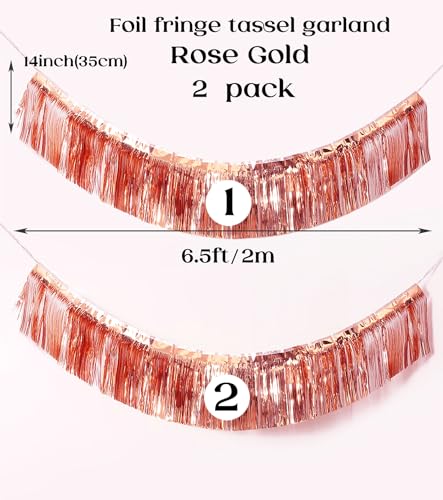 Image of Premium Rose Gold Fringe Tinsel Garland for Party Decorations -4 Layers Thick, 2 Pack | LILF Foil Metallic Banner Party Streamers for Wedding Birthday Christmas Decoration Home Hanging