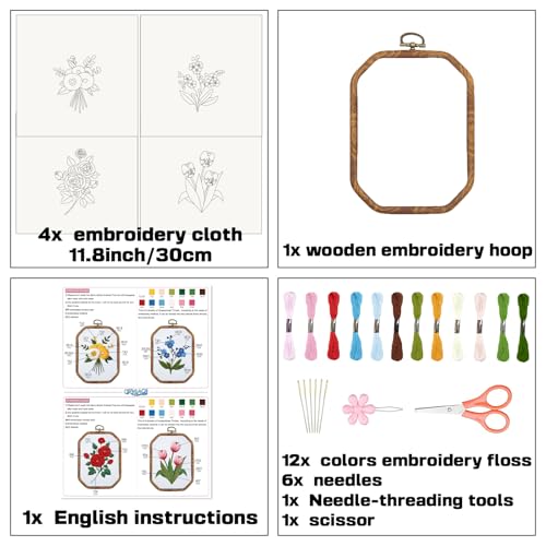 Image of ORIGACH 4 Set Embroidery Kit for Beginners Adults, DIY Flowers Embroidery Starter Kit with Stamped Patterns Instructions Embroidery Hoop Needles Threads for Crafting