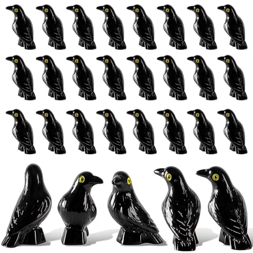 Watayo 30 Pcs Mini Resin Crow Figurines, Halloween Miniature Black Raven Figurines Decor, Tiny Black Crow Bird Ornaments for Halloween Scene Garden Home Table Decor Vase Filler Party Favors