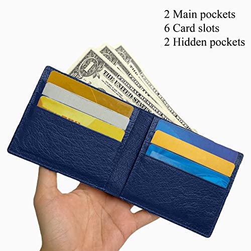 Image of HATA Navy Blue Mens Ostrich Leather Bifold Wallet Double Side RFID Blocking Luxury Large Capacity Credit Card Holder Front Pocket Slim Wallet Gift For Him Handmade Vietnamese VINAMOS-04