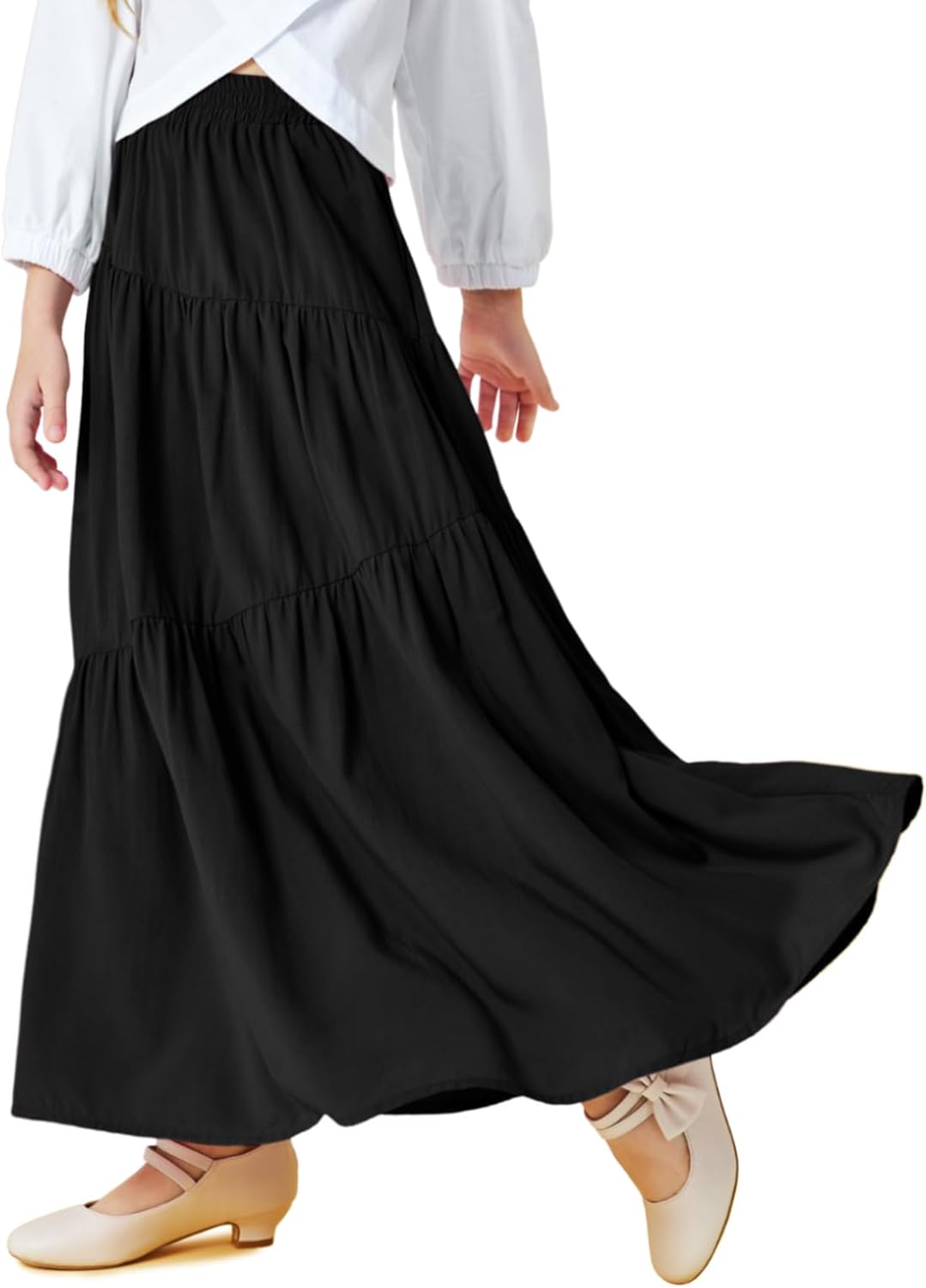 Haloumoning Girls Elastic High Waist Maxi Skirt Boho A-Line Tiered Pleated Long Skirts with Pockets 5-14 Years