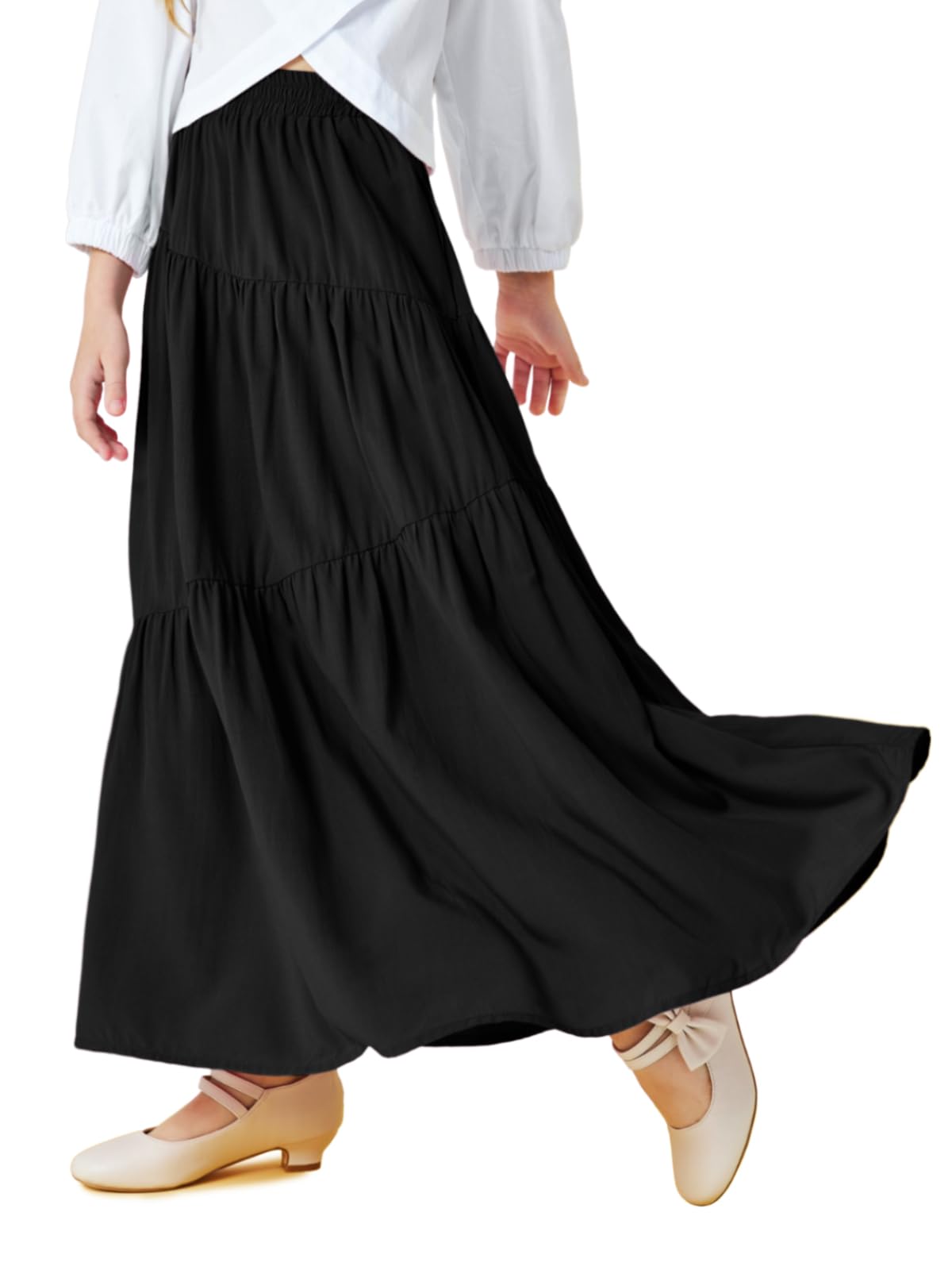 Haloumoning Jupe maxi élastique taille haute pour filles de 5 à 14 ans
