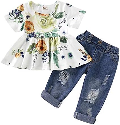 Toddler Girls Clothes,Baby Girl Outfit,Cute Floral Shirt Tops Denim Ripped Jeans Long Pant Infant Gift Clothing Set