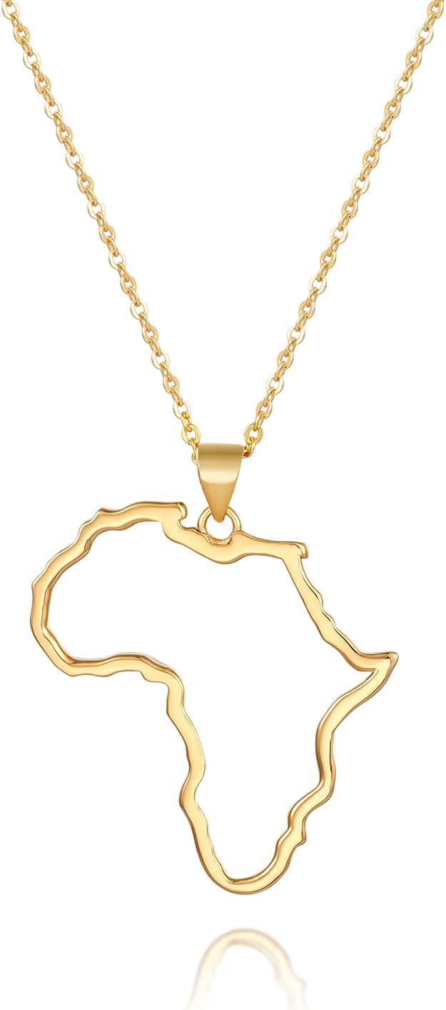 Women's Minimalist Africa Map Pendant Necklace, Trendy Personalized Africa Motherland Continent Outline Necklaces Chain Length 18" Extension Chain 2" ( 18K Gold and Silver Plated both Choice, Jewelry with Gifts Box)