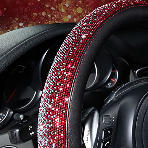 Image of CAR PASS Bling Diamond Leather Steering Wheel Cover, Bling Sparkly Crystal Glitter Rhinestones Universal Fit 14 inch 1 /2-15 inch Car Wheel Protector for Women Girl Fit Suvs,Vans,Sedans,Trucks, Red Silver