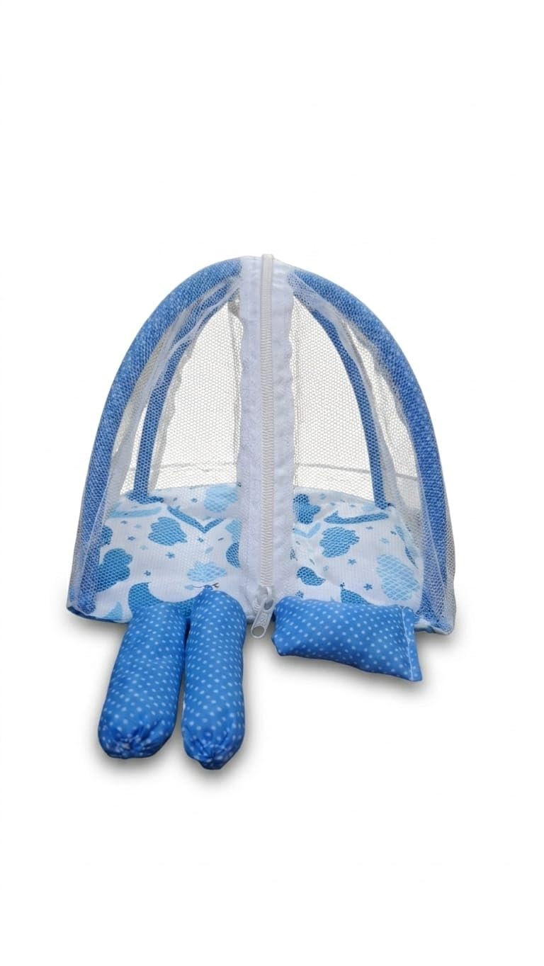 Premium bal Gopal, Laddu Gopal ji Foldable Mosquito net Bed with Pillow and masand Set of 2 for Size 0 to 6 Number Gopal ji (Blue)-image-4