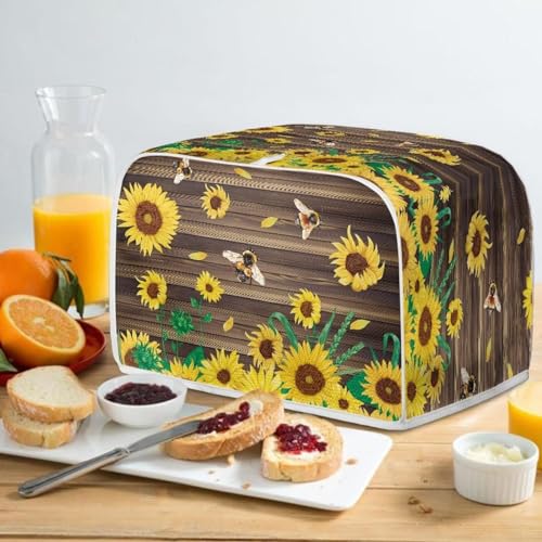 Image of Talayituse Sunflower Bee Wood Print 2 Slice Toaster Covers Dust Protection Bread Maker Covers Toaster Oven Cloth Cover Kitchen Accessories Washable Appliance Cover with Handle
