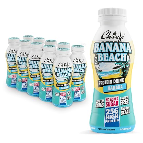 Chiefs Protein Drink (Banana Beach) • High Protein Shake mit 25g Protein & BCAA • Lower Carb, ohne Zuckerzusatz & laktosefrei • Fitness Eiweiß Drink • 10 x 330ml (inkl. 2.5€ Pfand)