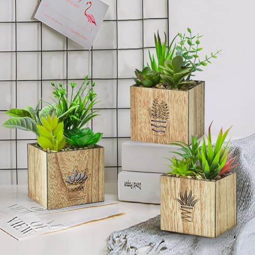Elecoutek 3 Set Artificial Plants Indoor Fake Succulent Plants with LED Light in Wooden Box, Faux Plants in Pots, Plastic Potted Plants for Office Desk shelf Bathroom Home House