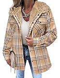 Zeagoo Hooded Shacket Jacket Women Fashion Plaid Flannel Shirts Fleece Lined Long Sleeve Button Jackets Sherpa Coats Winter Fall Outfits