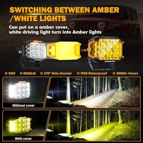 Image of Auxbeam 5 inch 168W LED Cube Pods Offroad Driving Light with Amber Covers, 16440LM Bright Square Offroad Lights with Side Shooter 270 Combo Beam Ditch Light, DRL for Jeep ATV Wrangler Ford Truck Pickup