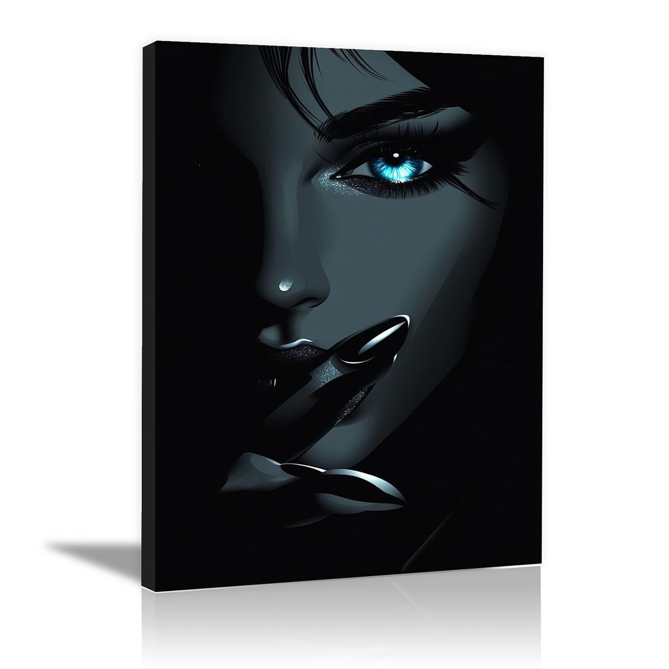 QUSAAOU Fashion Portrait Canvas Wall Art Mysterious Woman with Blue Eye in Shadow For Living Room Bedroom African American Decor For Home Afro Woman Poster And Prints(Blue)-70x100cm Framed