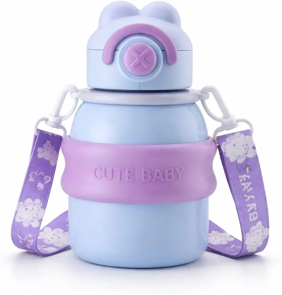 Garrafa Térmica 550ml com Canudo, Tampa com Orelhinhas e Alça Ajustável Para Escola, Passeios e Viagens (AZUL COM LILÁS)