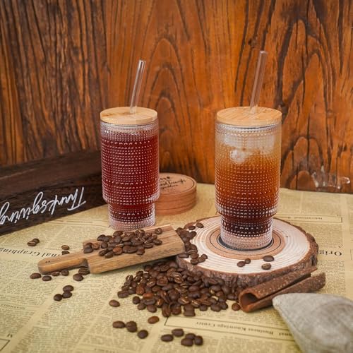 Image of KHOLAD Vintage Drinking Glasses Tumbler Set Of 1 With Bamboo Lids And Straws, Clear Fluted Textured Old Fashion Embossed Glass Sipper Iced Coffee Cups For Beer, Cocktail, Beverage (Embosse), 400Ml