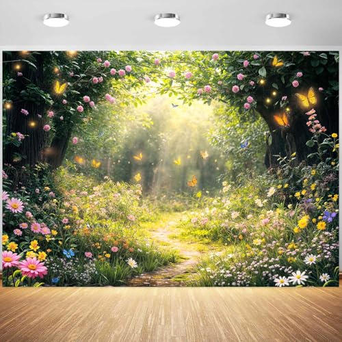 7 x 5 ft Enchanted Forest Backdrop Photograph Fairy Tale Garden Background Floral Flower Butterfly Kids Girl Baby Shower Magic Wonderland Party Banner Decoration Spring Photo Booth Props