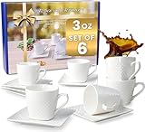 FUOCCI Espresso Cups With Saucer - 3 oz (90 ml) Turkish Coffee Cup, Small Modern Embossed Porcelain for Expresso, Cuban & Arabic Coffee, Elegant White (Set of 6)