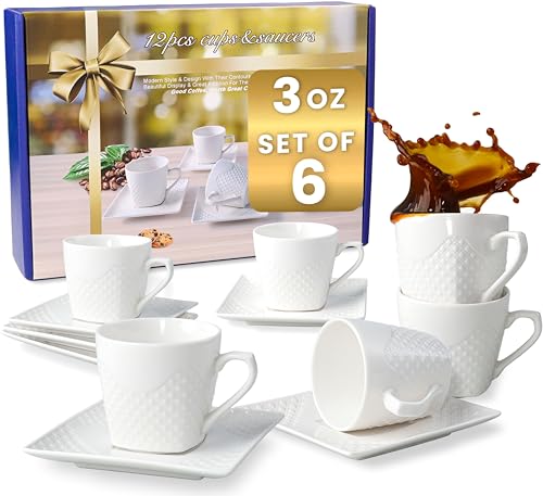 FUOCCI Espresso Cups With Saucer - 3 oz (90 ml) Turkish Coffee Cup, Small Modern Embossed Porcelain for Expresso, Cuban & Arabic Coffee, Elegant White (Set of 6)