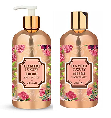 Hamidi Luxury Oud Rose 2pc Set .16.9 oz Body Lotion / 16.9 oz Shower Gel Oud Fragrance by Armaf (Oud Rose)