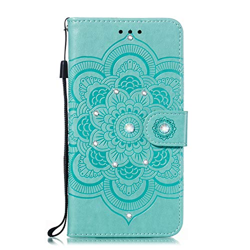 LEMAXELERS Coque Galaxy A20e,Portefeuille Etui Housse pour Samsung Galaxy A20e Coque Paillette Diamnt Gaufrage Fleur de Mandala PU Cuir Flip Wallet Étui Coquille pour Galaxy A20e,LD Diamond Green Cover